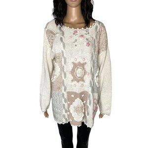 Vintage Shenanigans Knitted By Hand Oversized Floral Sweater Cream Size S